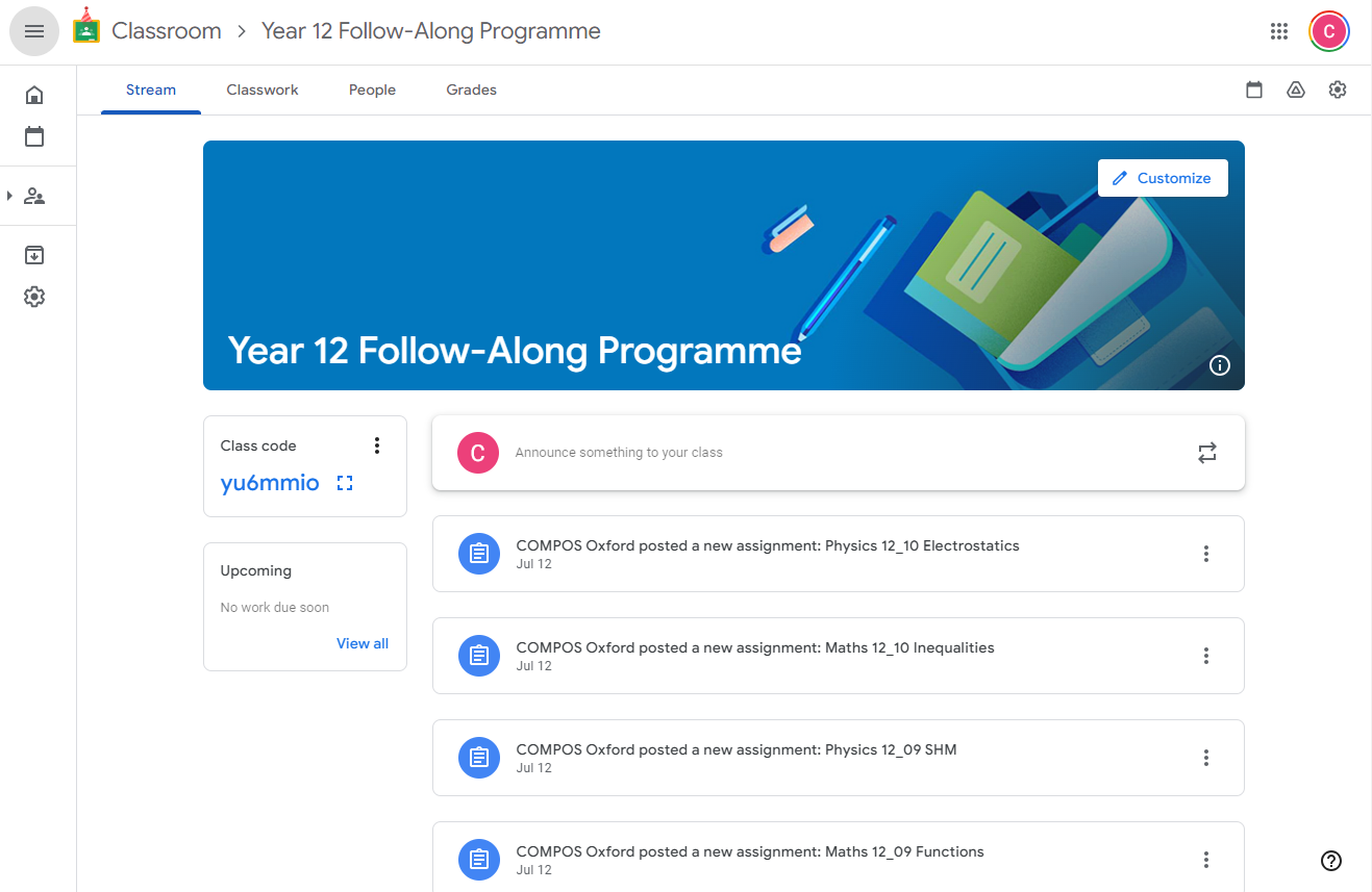 A screenshot of the Google Classroom for the Y12 follow-along programme